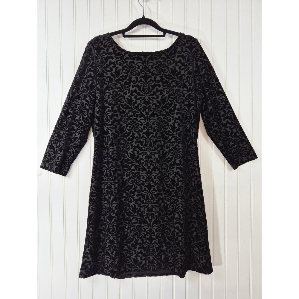 Adrienne Vittadini Black Velvet Burnout Damask Shift Dress 3/4 Sleeve Zip Up L